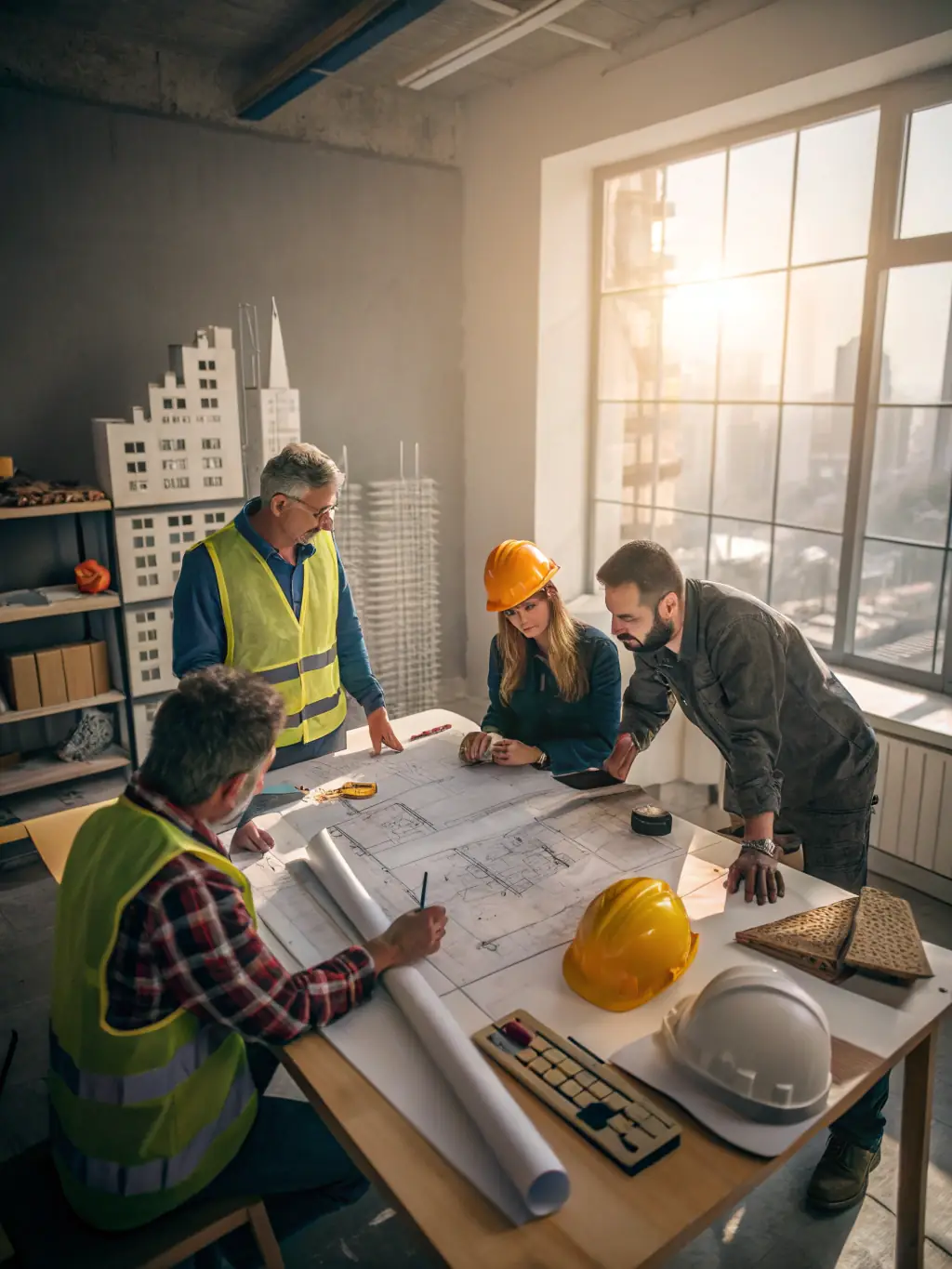 A team of Maverick Estimating professionals collaborating on pre-construction budgets, reviewing plans and digital tablets.