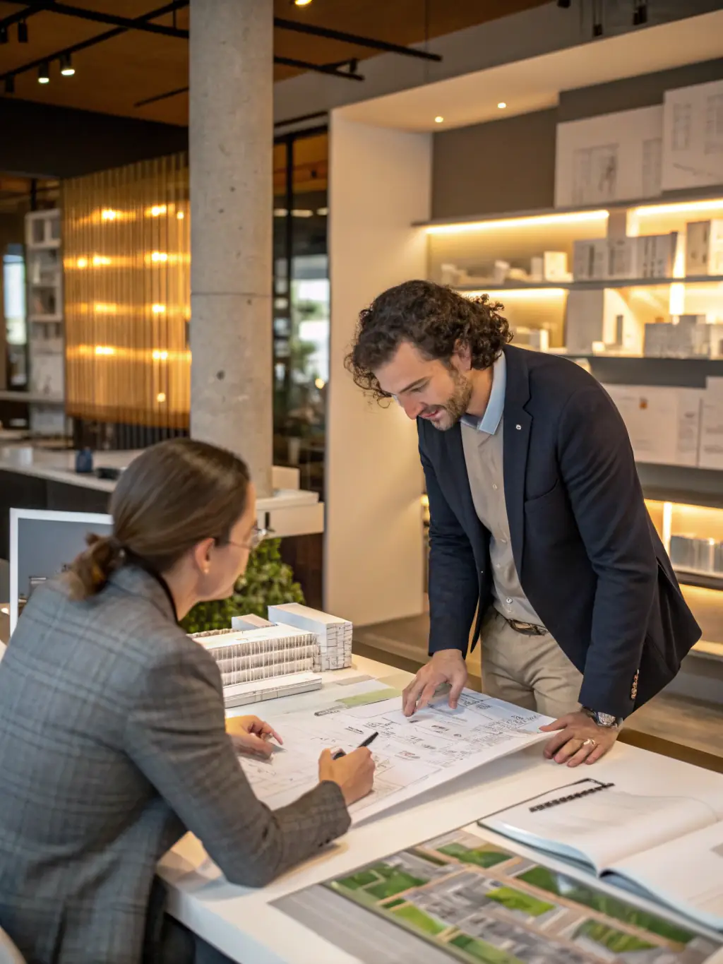 An architect presenting a building design to a client, highlighting the importance of value engineering in construction.